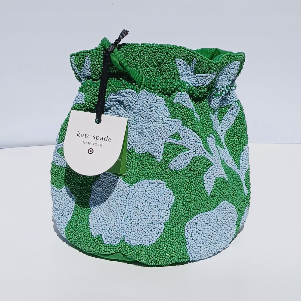 kate spade Green and Light Blue Beaded Floral Drawstring Satchel